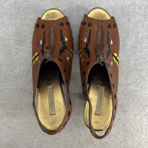Cynthia Vincent Aztec Leather Platform Clog Sandal-Brown -Wood Heel-Women Size 8 - Picture 7 of 11